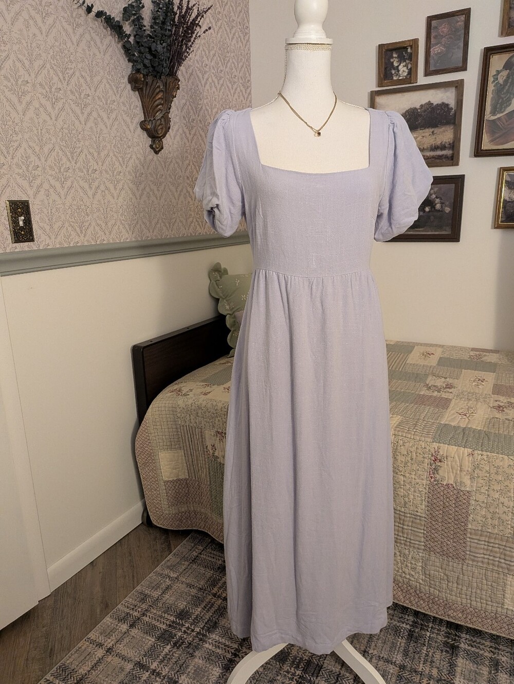 Endless Blu Linen Blend Puff Sleeve Cottagecore Maxi Dress NWT S New